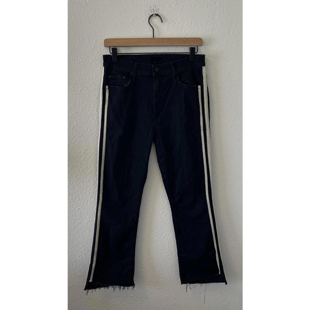 Mother Jeans Women's 29 Black Insider Crop Step Fray in Guilty Racer Side Stripe
